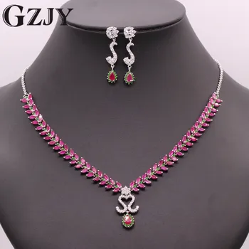 

GZJY Noble Jewelry Sets Gold Color Green Red Stone&AAA Cubic Zircon Necklace Earring Set For Women Wedding Party Jewelry