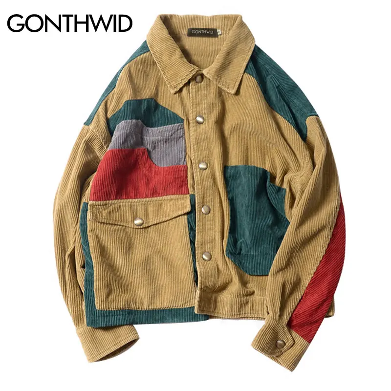 GONTHWID Color Block Patchwork Corduroy Jackets Mens Hip Hop Casual