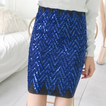 

Spring Autumn Casual Fashion Women Lady Blue Silver Patchwork Stretch Pencil Skirt , Fall Designer Sequins Skirts For Woman