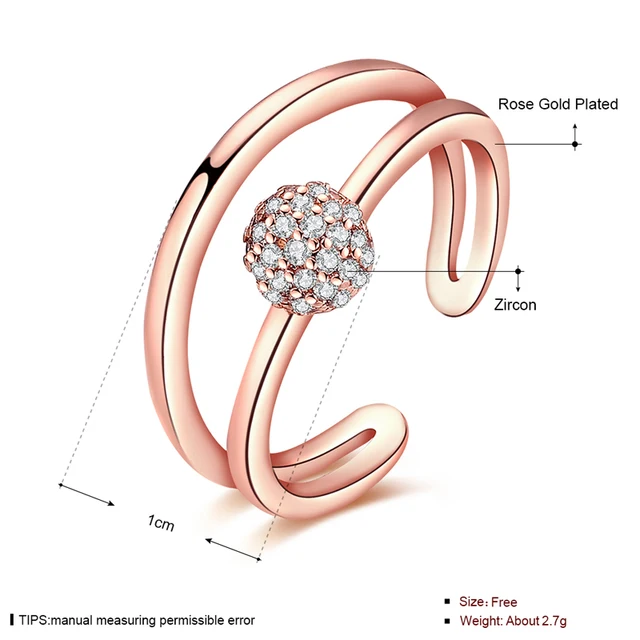 Women Open Geometric Wedding Ring Zircon Ball Rose Gold Color Filled Unique OL Rings For Ladies Bijoux Resizable