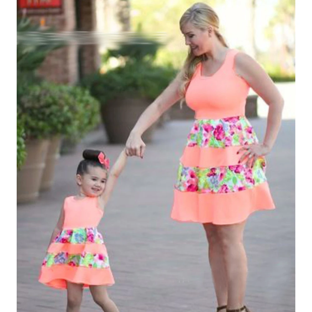 

2019 Sweet Mother Daughter Dress Short Summer Family Matching Dress Black Family Matching Outfits Women Girl A Line Dresses