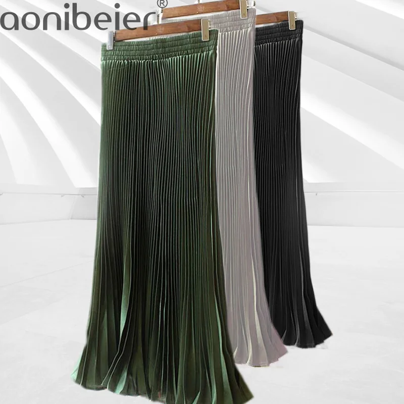 

Aonibeier Elastic High Waist Accordion Long Pleated Skirt Korean Style Ruffle Hem Large Swing Spring Summer Women Maxi Skirt