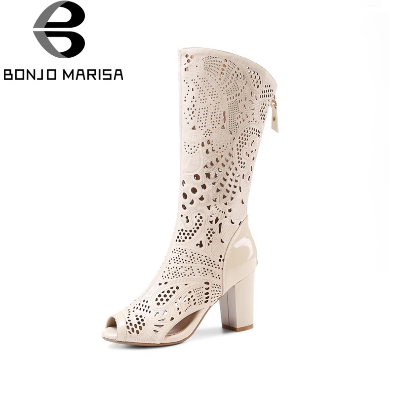 

BONJOMARISA New women's Genuine Leather Mid-Calf Square High Heels Hollow Zip Shoes Woman Casual Spring Boots White Size 34-39