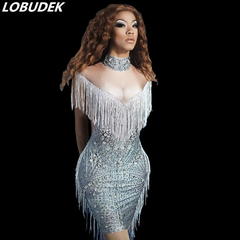 

Summer Women Silver Tassels Rhinestones Short Dress Sleeveless Crystals Tight Dress Singer Birthday Nightclub Show Stage Costume
