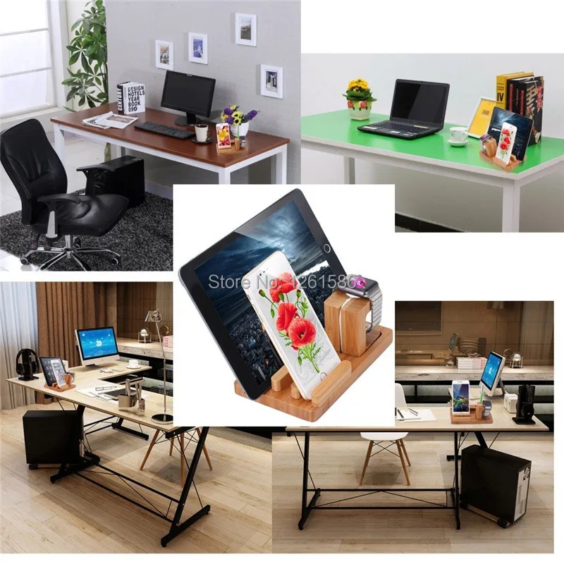 Multi-function Apple Watch Stand, [Charging Dock] Dual Desk Natural Bamboo Wood Charge Holder Station for Apple Iwatch Sportedition 38 42mm, Iphone Samsungipads -Fits All Models3