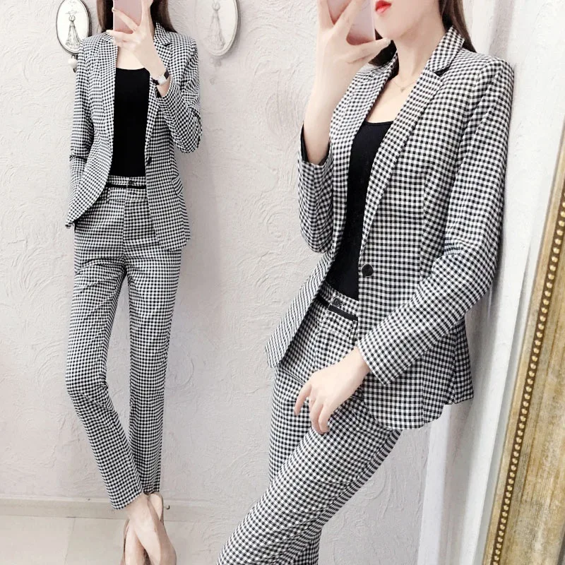 

Two piece set top and pants fashion professional plaid suit suit female temperament long sleeve tooling suit pants two-piece
