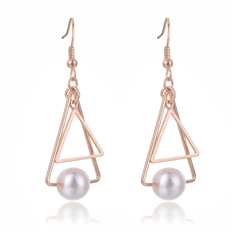

SUKI Aretes De Mujer Modernos 2018 Double Triangle Drop Earring Simulated-pearl Pendant for Women Hook Charm Dangle Earrings