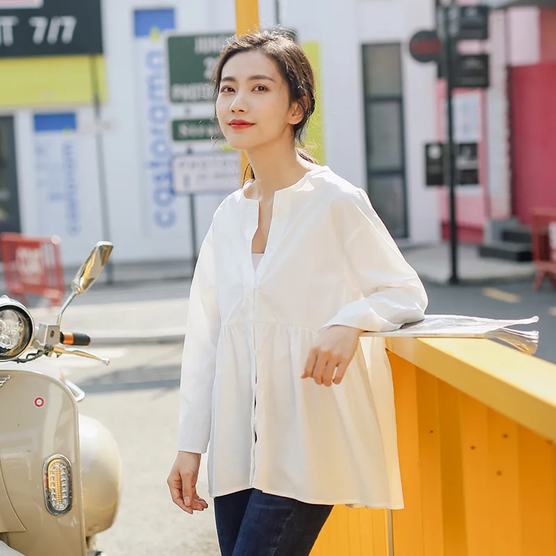 

Johnature Women Japan Style Shirts Solid Color Blouses 2019 Summer New V-Neck Long Sleeve Loose Cardigan Casual Women Shirt Tops