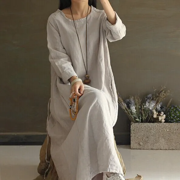 

Women Vintage Linen Loose Casual Robe Dress Ladies Solid Color Retro Autumn Spring Dress Female Loose Vintage Dresses