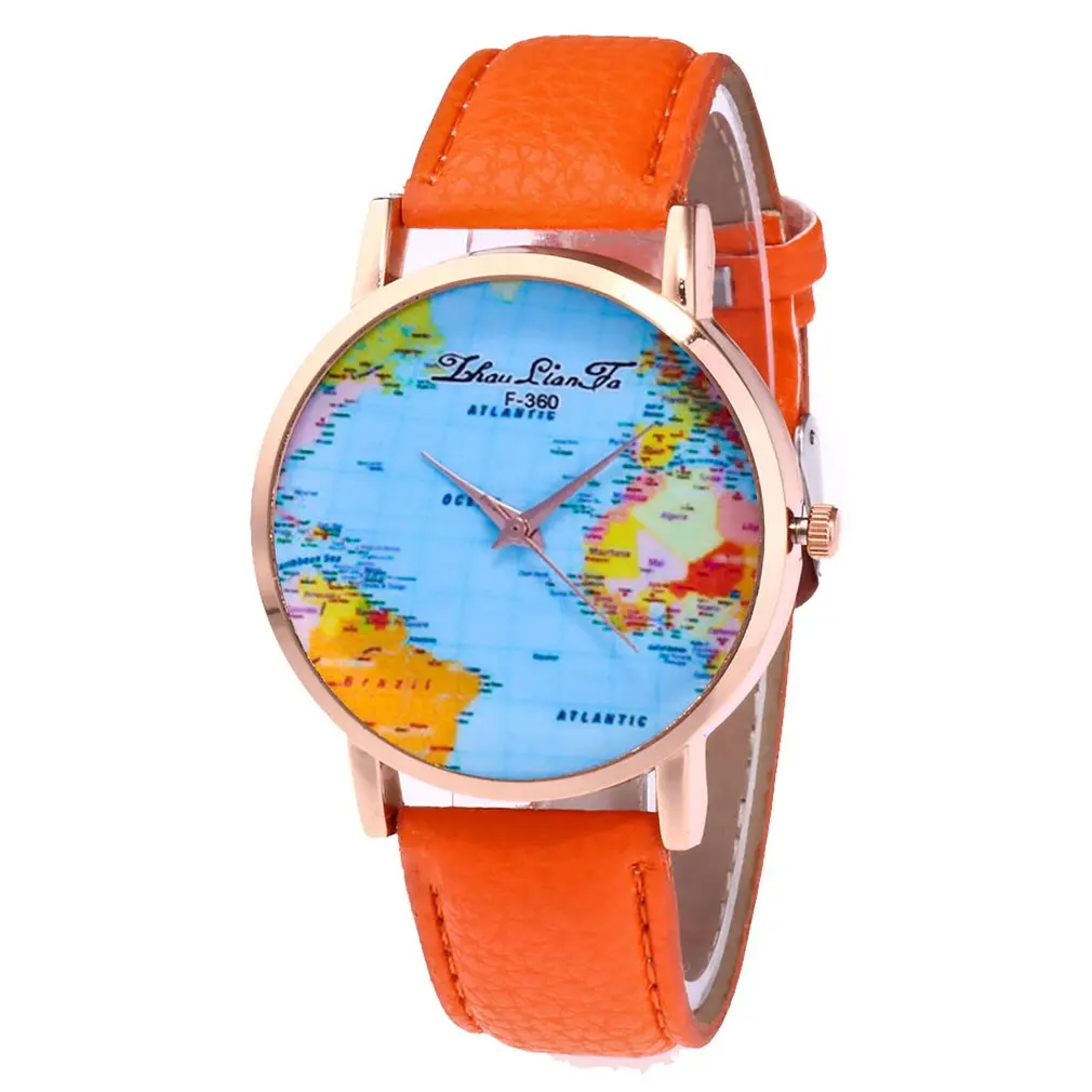 Женские кварцевые часы модные с рисунком карты мира кожаные под платье наручные