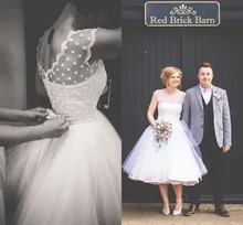 Vintage 1950s Style Polka Dotted Short Wedding Dress Tea Length Little White Dresses 2017 Vestidos de