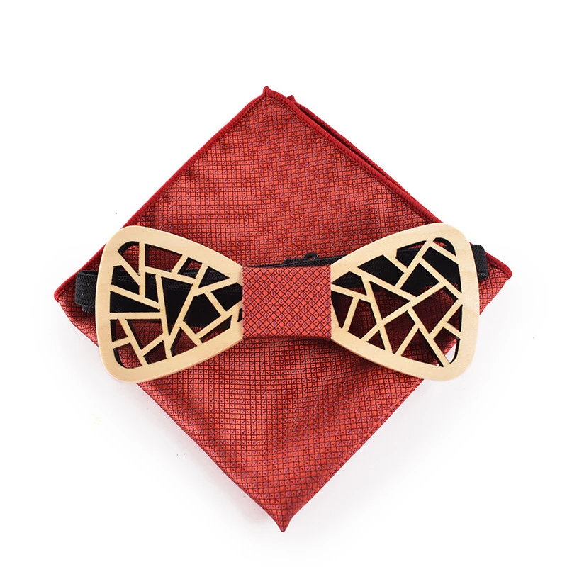 

Hollow Wood Bow Tie Handkerchief Set for Mens Floral Printed Wooden Bowtie Business Polyester Pocket Square Gift