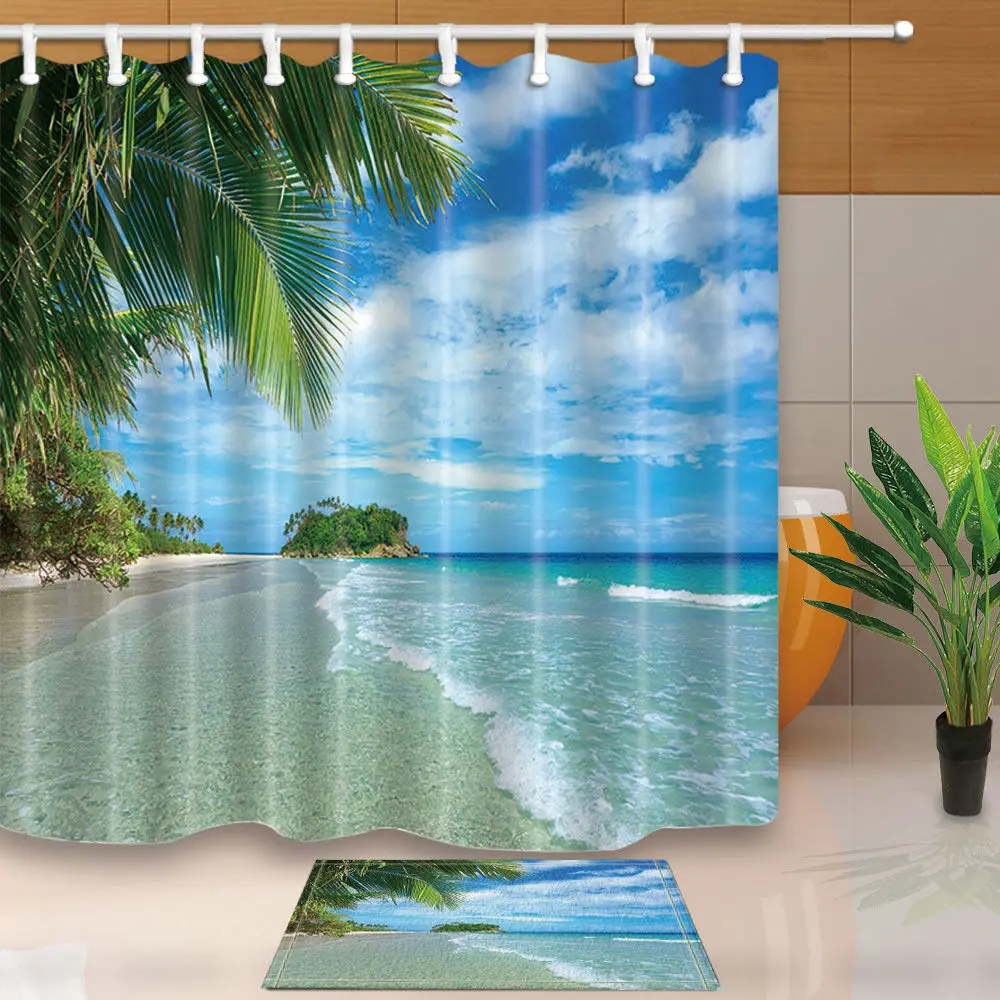 Warm Tour Palms Ocean Tropical Island Beach Polyester Fabric Bathroom Shower Curtain Set with