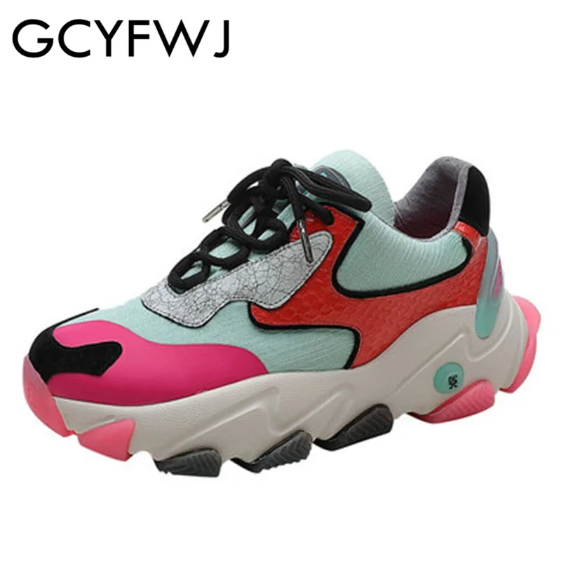 

GCYFWJ 2019 Women Leather Platform Sneakers Female Fashion Mixed Colors Lace-Up Dad Shoes Woman Increased Jelly Casual Shoes New