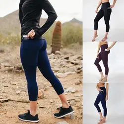 Женские ботильоны-длина брюки женские спортивные Леггинсы Фитнес для спортзала с высокой талией брюки с боковой карман тонкие узкие брюки