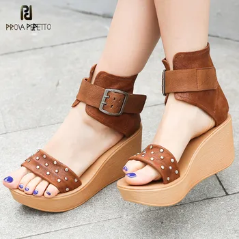 

Prova Top Quality Retro Soft Cow Leather Wedge Sandals Gladiator Sandals Shoes Rivets Thick Bottom For Summer Open Toe Sandals