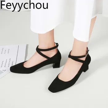 

Women Pumps Med Heel Thick Heels Square Toe Buckle Flock 2018 New Sexy Fashion Party Spring Autumn Wedding Gray Beige Size 34-43