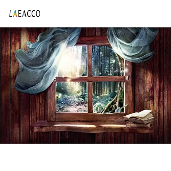 

Laeacco Fairy Forest Wood House Curtain Window Photography Backgrounds Baby Portrait Photo Backdrops Christmas Party Photophone