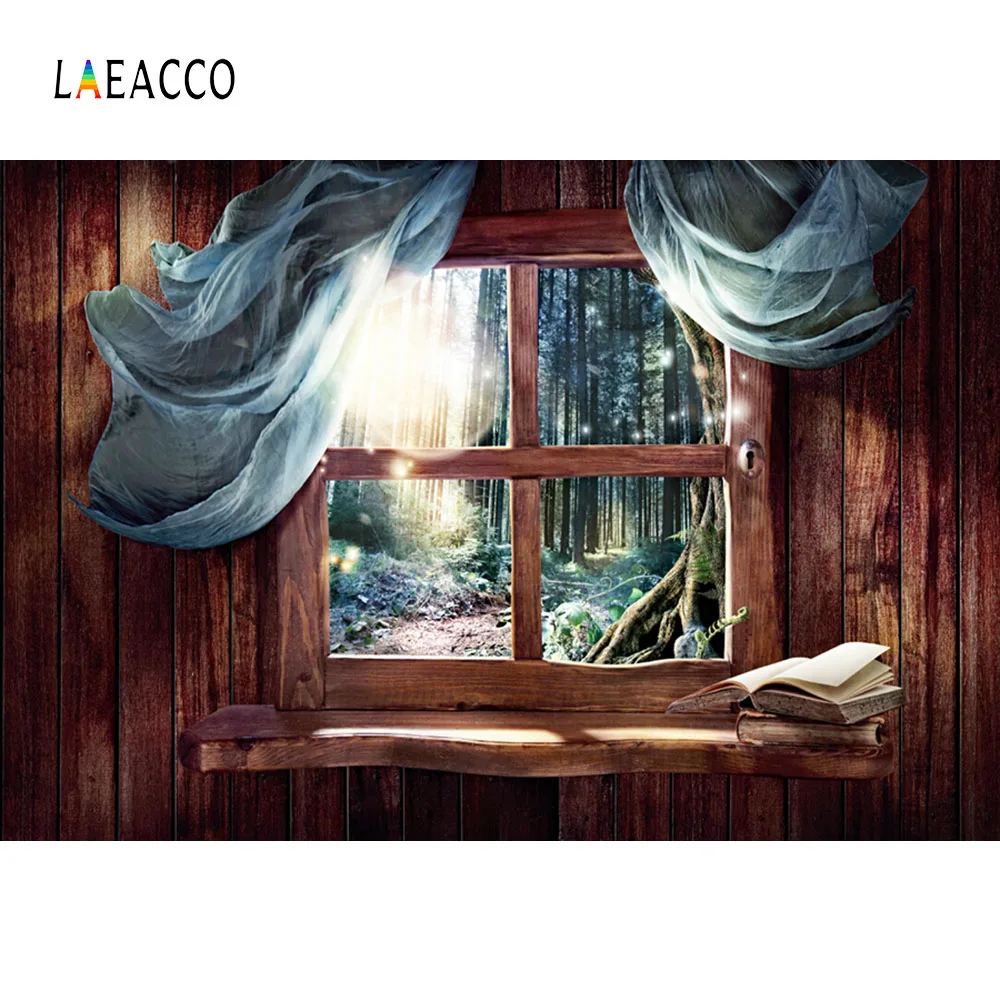 

Laeacco Fairy Forest Wooden Wall Curtain Window Scene Photography Backgrounds Customized Photographic Backdrops For Photo Studio