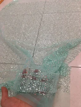 

Lake green pink French tulle embroidery lace fabric ZH1920208 Graceful African net lace with beads for party dress