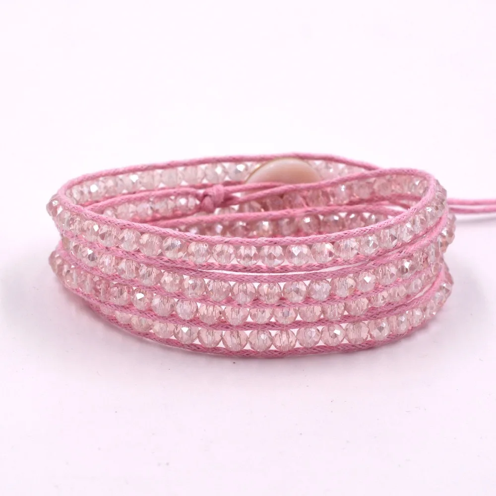 Classic Design light pink clear Crystal 4 Wrap Bracelet Bangle Leather