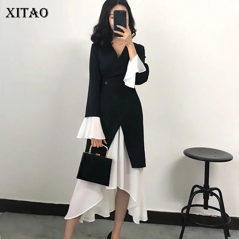 

[XITAO] Celebrity Temperament Female Spring New Dress Korea Fashion Full Sleeve V-neck Patchwork Button Irregular Dress LYH3245