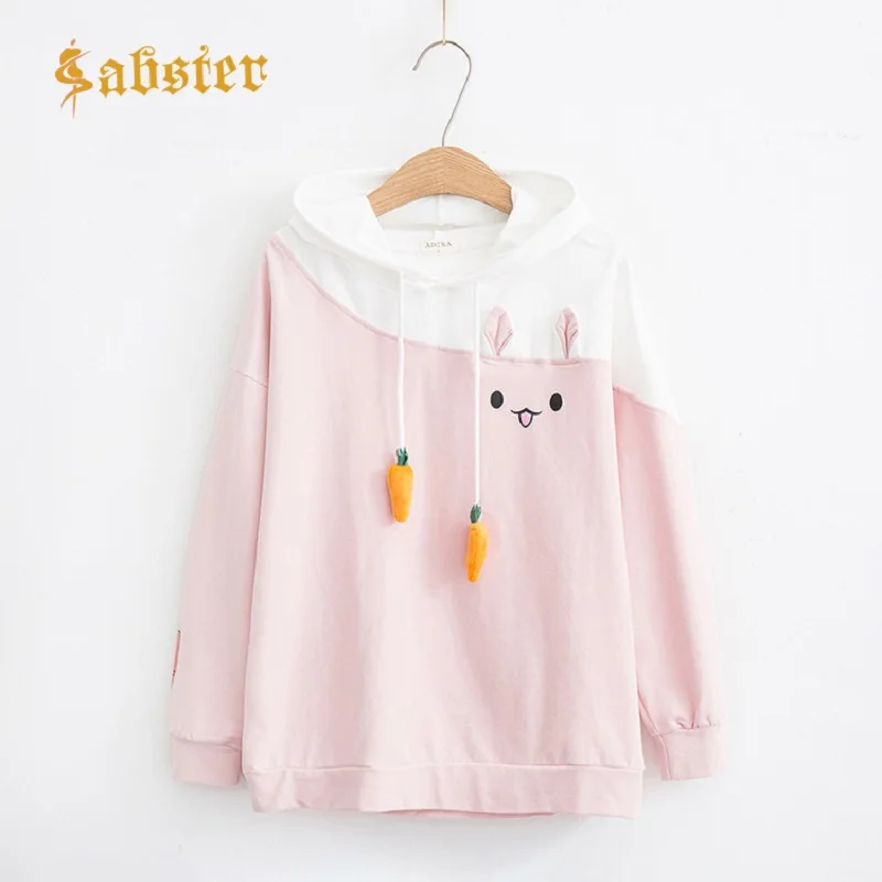 Kawaii 2018 женские толстовки с капюшоном длинным рукавом милые пуловеры кроликом