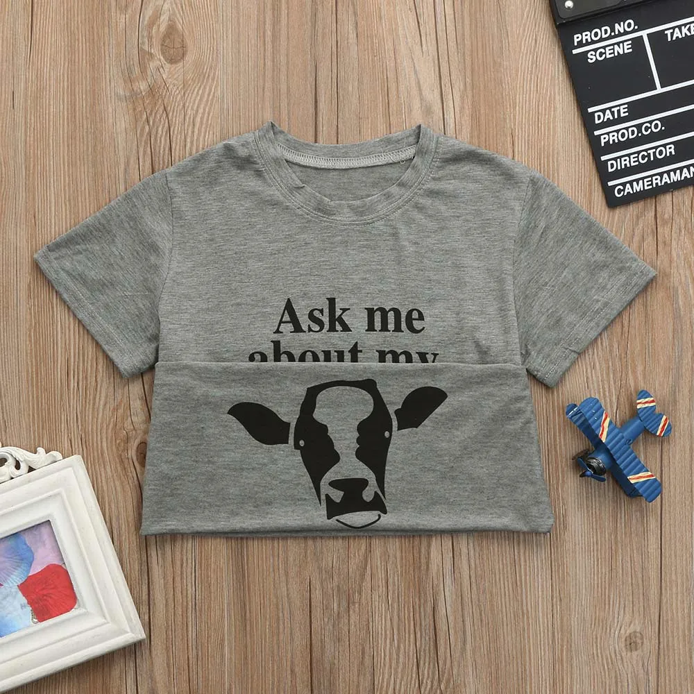 Детская футболка с надписью «ASK ME ABOUT MY MOO COW» Мягкие топы с надписью «Cow Inside» для маленьких мальчиков и девочек, Милая футболка