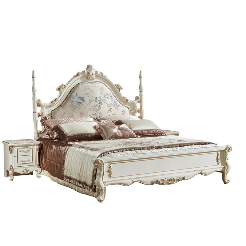 

Pearl white bed with flower pattern antique style luxury bedroom set