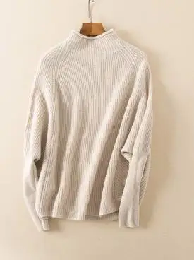 Женский вязаный свитер из натурального козьего кашемира, широкий Свободный пуловер с рукавом летучая мышь, воротник средней длины, бежевый, бордовый, 16 цветов, S/M/L - Цвет: beige
