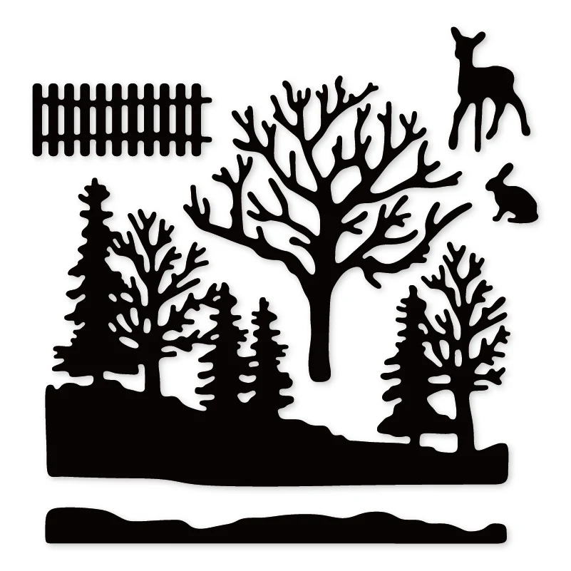 

FoweWan Etched Cut Die Trees Deer Fence Metal Dies Cutting Crafts Stencils for Scrapbooking Embossing Cards Making 2019 New