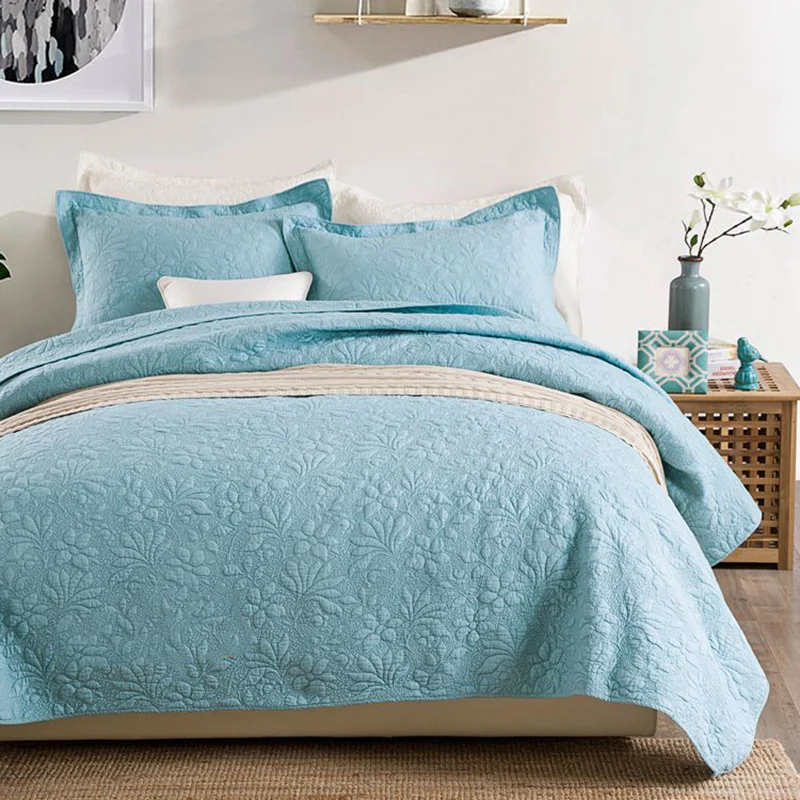 

Solid Color Bedspread Cotton Quilt Set 3pcs Embroidered Quilts Bed Cover Pillowcase King Queen Size CHAUSUB Quilted Coverlet