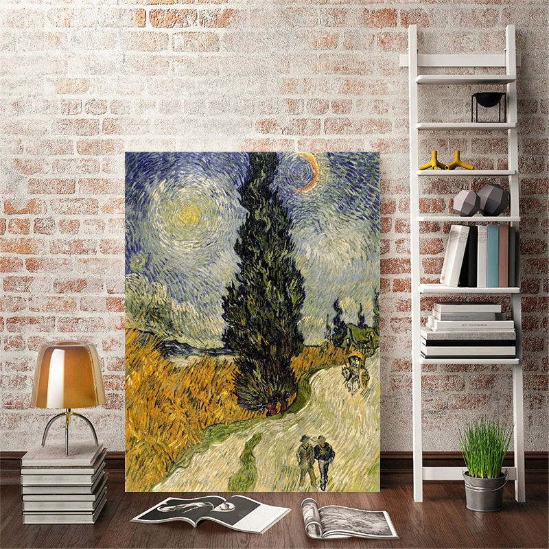 

Famous Painter Van Gogh - Road with Cypress under Starry Sky Poster Print on Canvas Wall Art Painting for Living Room Home Decor