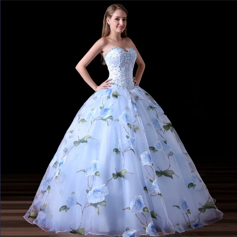 Vestidos de 15 anos светло-голубое праздничное платье с цветочным принтом, бальное платье длиной до пола, недорогое вечернее Пышное Платье