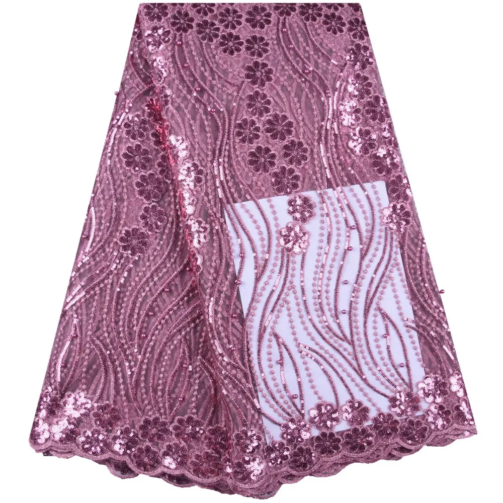 

Latest Onion African Lace Fabric For Wedding Dresses French Nigerian Lace Fabric 2019 High Quality Tulle Lace With Sequins S1633