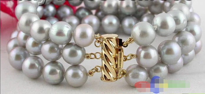 

3ROW 10MM ROUND GRAY FRESHWATER PEARL BRACELET BANGLE 14KGP-20 p533 @^Noble style Natural Fine jewe SHIPPING 6.2