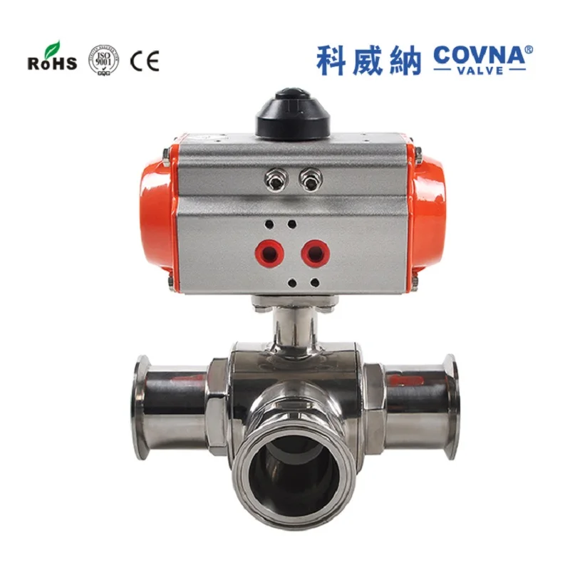 DN32 пневматический привод, 3-ходовой поток санитарно шаровой клапан T/L полный порт двойного действия