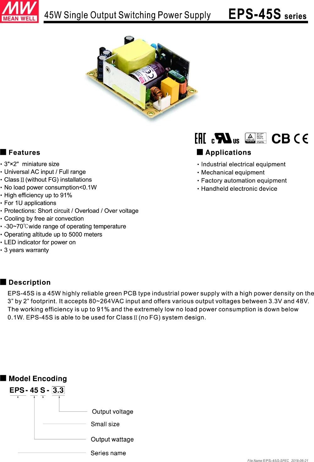 MEALWELL EPS-45S-5 5 V 8A 40 W одиночный выход импульсный источник питания