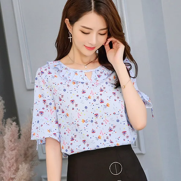 Женская Повседневная шифоновая блузка с оборками на рукавах, лето, корейская мода, белые рубашки, тонкая уличная одежда, элегантные весенние женские топы - Цвет: C576RX