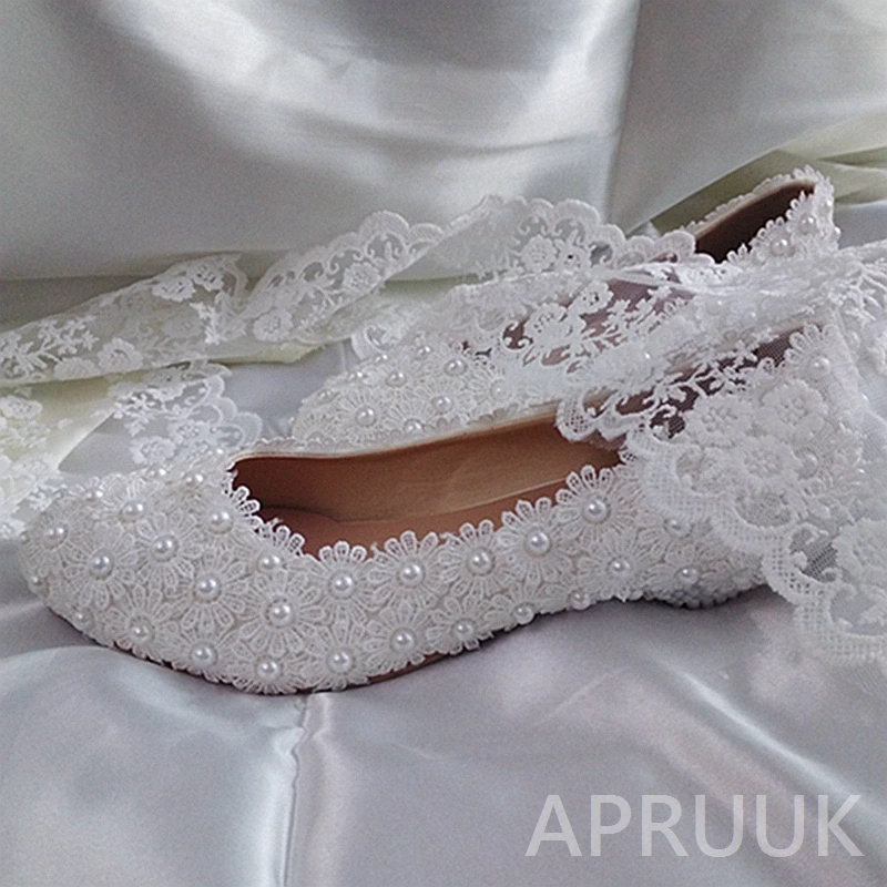

2CM low wedges tiny heel plus sizes white lace pearls wedding shoe bride fashion designer handmade high quality party pumps