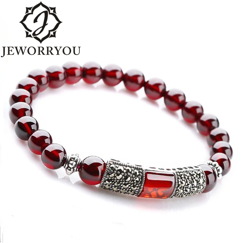

6-8mm Silver Bracelet 925 Women Natural Garnet Bracelet Wine Red Stone Bracelets Bangles Bracelets For Women Pulsera Hombre