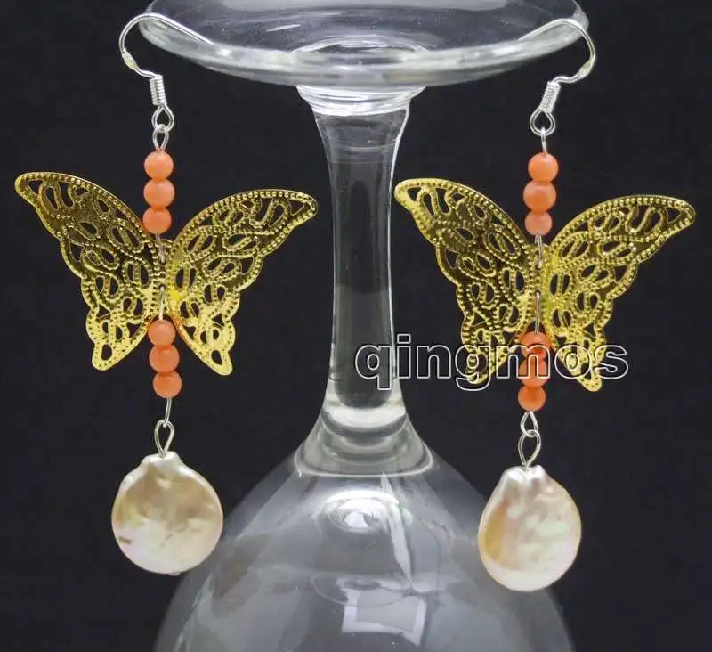 

14-15mm Pink Coin Round Pearl and 3mm Pink Coral with 30*40mm Gold butterfly Metal Earring-ear517 wholesale/retail Free shipping