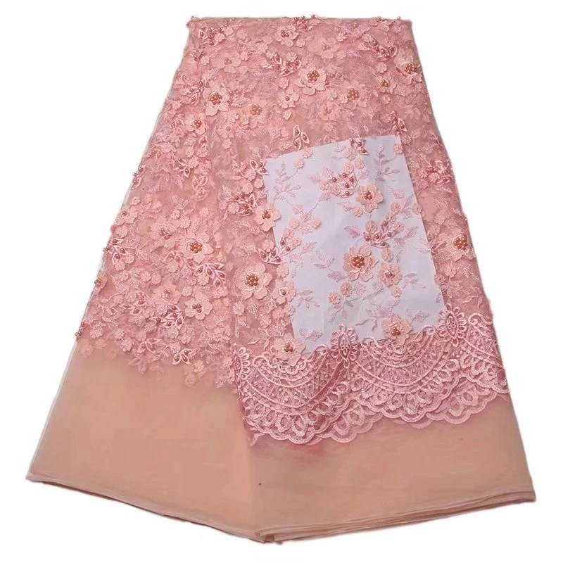 

African French Tulle Net Lace Fabric with Beads 3D Flowers Fashion Nigerian Wedding African Lace Fabrics For Dress