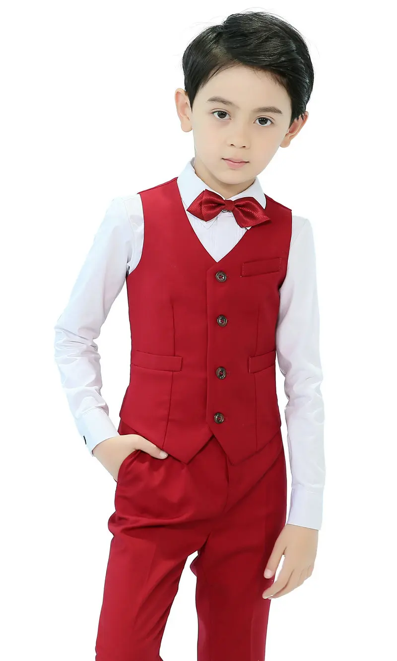 4 Piece Boys Burgundy Suits Vest Set Slim Fit Ring Bearer Suit For Boys