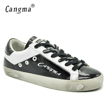 

CANGMA Italian Deluxe Sneakers Women Shoes Autumn Handmade Brand Black Patent Leather Low Flats Vintage Shoes Girls Scarpa 34-48