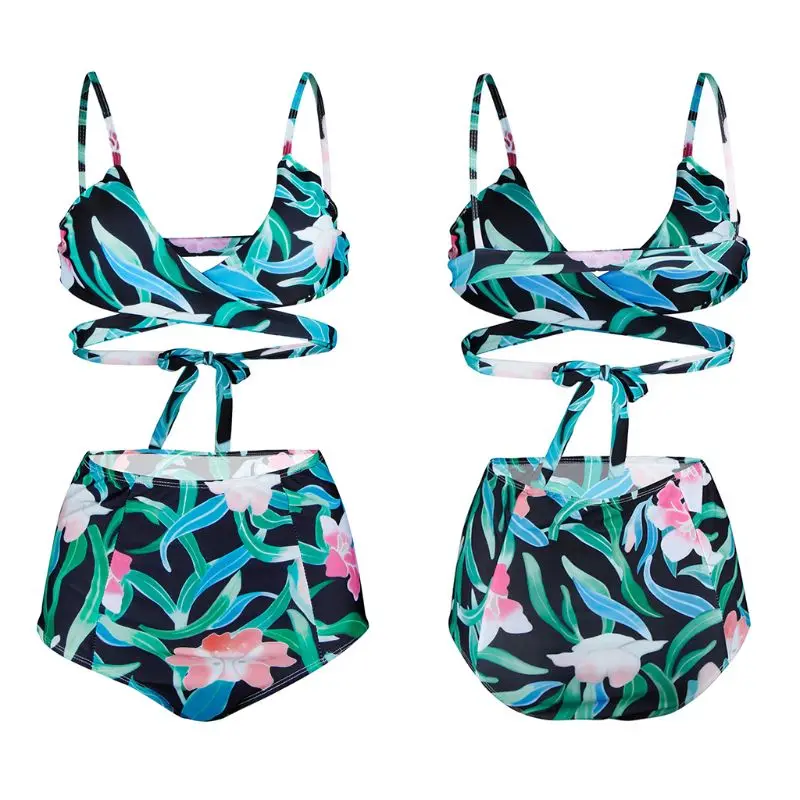 

Womens Sexy Two Piece Bikini Set Deep V-Neck Criss Cross Bandage Wrap Front Swimsuit Boho Colored Floral Printed High Waist Tumm