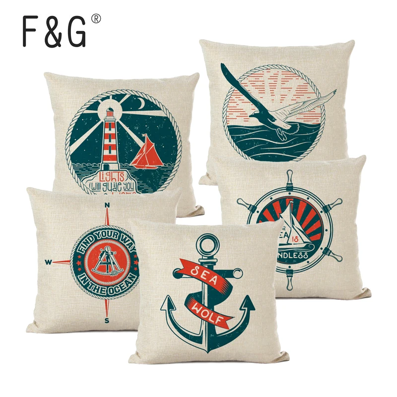 

Navigation Navy Anchor Cushion Cover Sea Lighthouse Seagull Decorative Pillows Cover Linen Home Cojines Decorativos Para Sofa