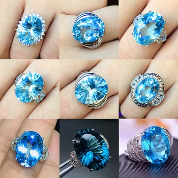 

[MeiBaPJ 9 Styles Perfect 12 Carats Big Natural Blue Topaz Gemstone Simple Ring for Women Real 925 Sterling Silver Fine Jewelry