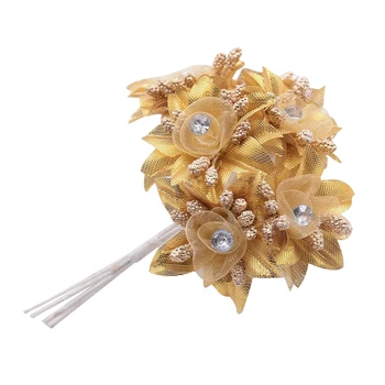 

6pc artificial gauze diamond wedding shoes headdress DIY home decoration artificial flowers bridal wreath collage(gold)3.5cm