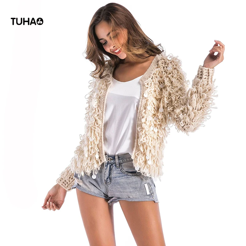 TUHAO Spring Faux Fur Knitted Bomber Jackets Women Basic Coat Long Sleeve Open Sequined Casual Outerwear Jaqueta Feminina TB7571 TUHAO Spring Faux Fur Knitted Bomber Jackets Women Basic Coat Long Sleeve Open Sequined Casual Outerwear Jaqueta Feminina TB7571